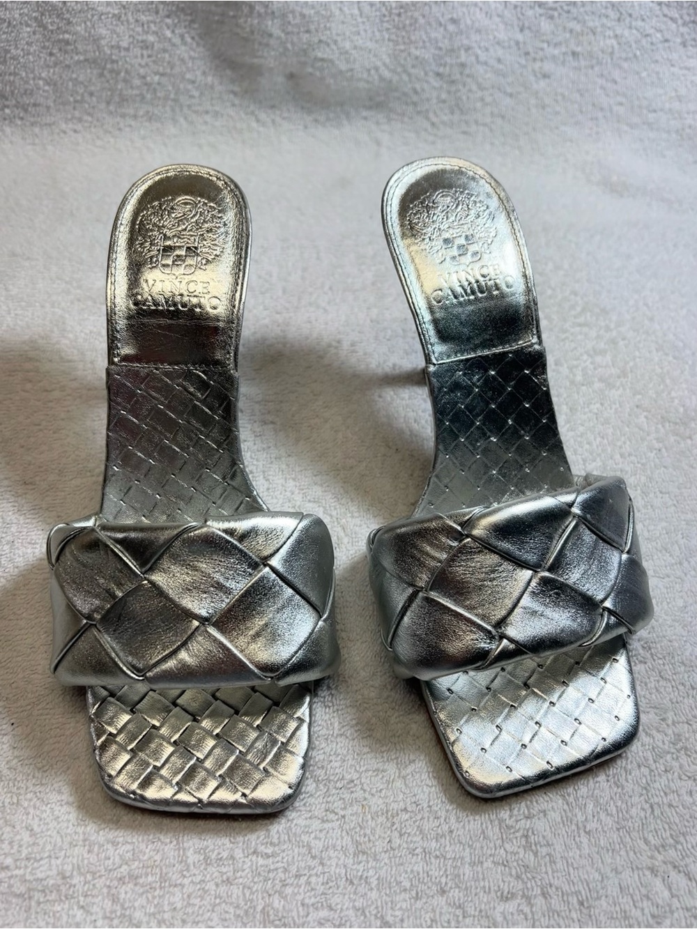 Brand New Vince Camuto Silver Braided Slide Mules Heels Size 7.5